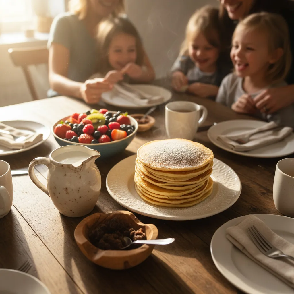 میز صبحانه خانوادگی با پنکیک تازه و کاسه ای از شکر قهوه ای با مواد معدنی